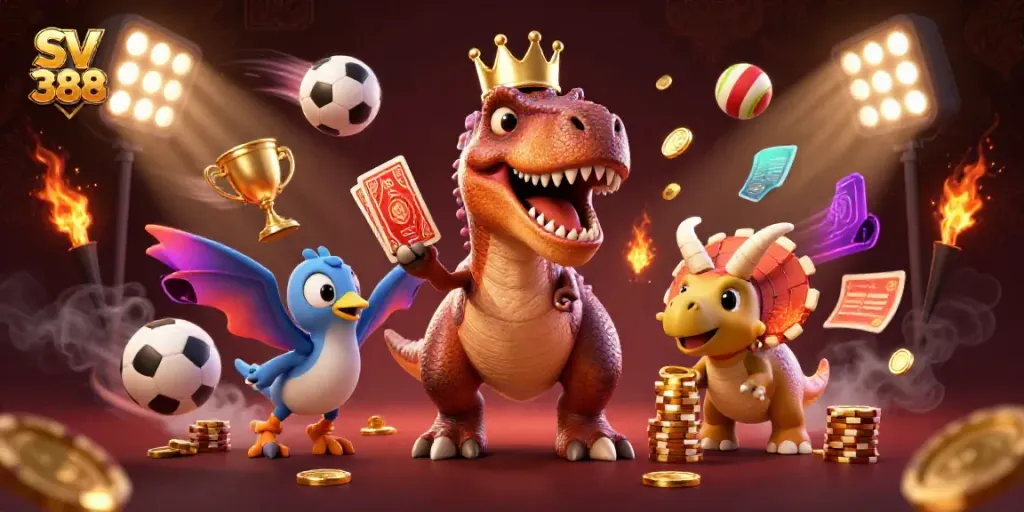 Engaging SV 388 illustration showcasing a T-Rex and triceratops in a dynamic casino scene.