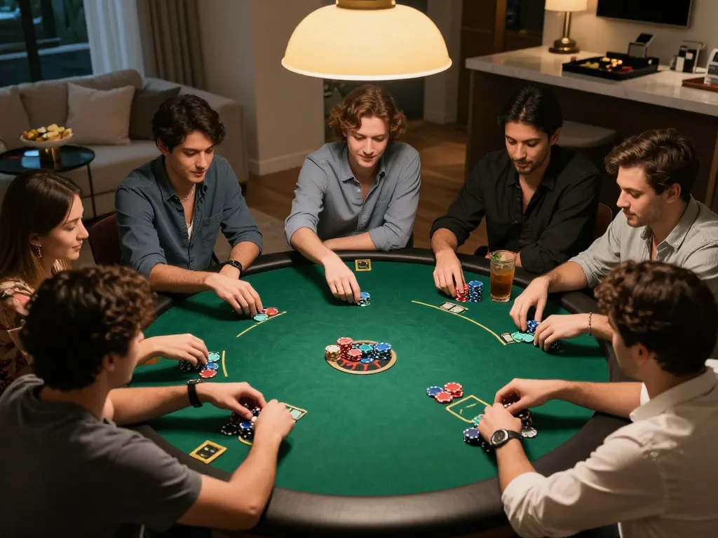 Engaging friends enjoying a poker game inspired by 11 win strategy, chips and cards vividly displayed.