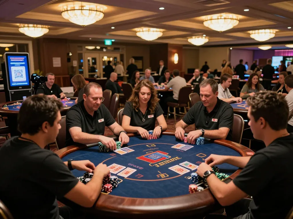 Players enjoying engaging card games while discovering qrcodegenerator1 promotions at a bustling casino.