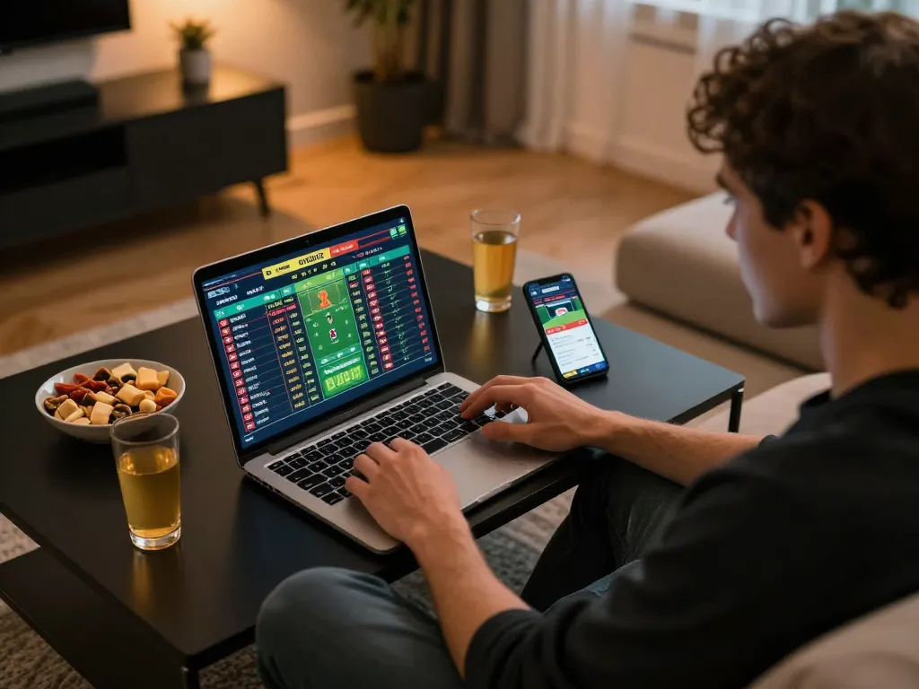 Engaged bettor placing live bets on xoilac sports events with real-time odds analysis on devices