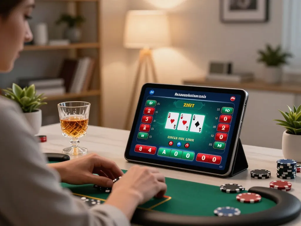 Experience poker gameplay on 9BET tablet app in stylish home office setting