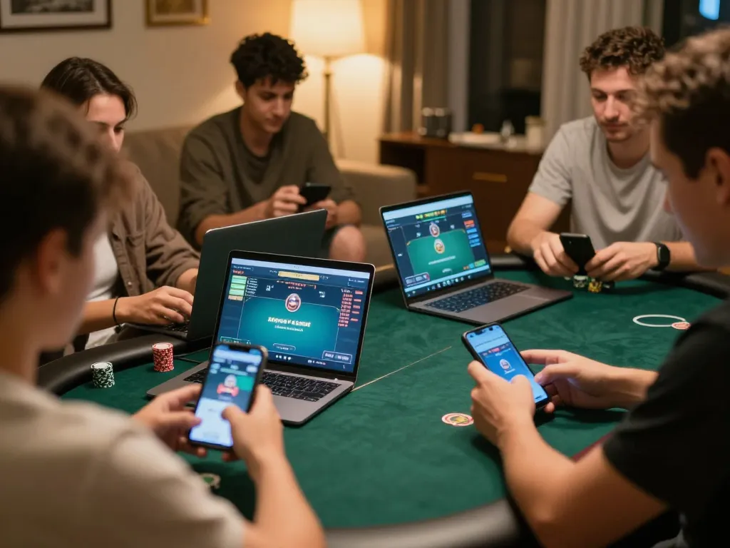 Players enjoy online poker on a23win with tablets and smartphones in cozy home settings.