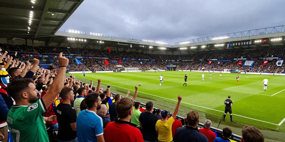 Uitslagen voetbal Engeland met spannende momenten van een Premier League wedstrijd en juichende fans.