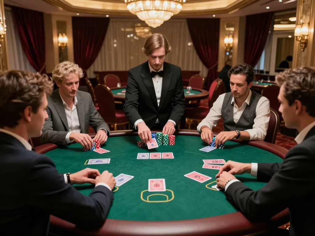 Sky88 poker players strategizing their moves at high-end table with chips and cards in hand.