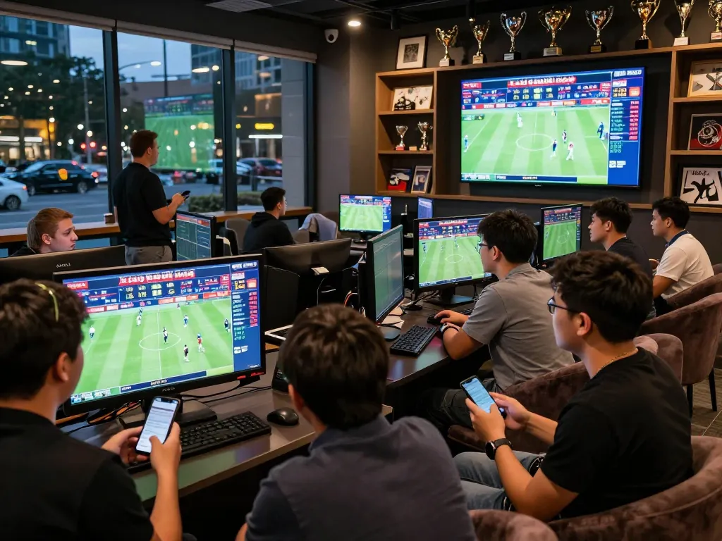 Excited bettors engaged with kèo nhà cái updates in a modern sports betting lounge