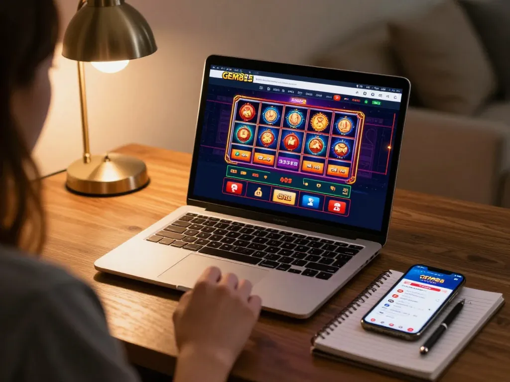 Experience GEM88 online gaming strategies with stylish home setup featuring a laptop and mobile app.