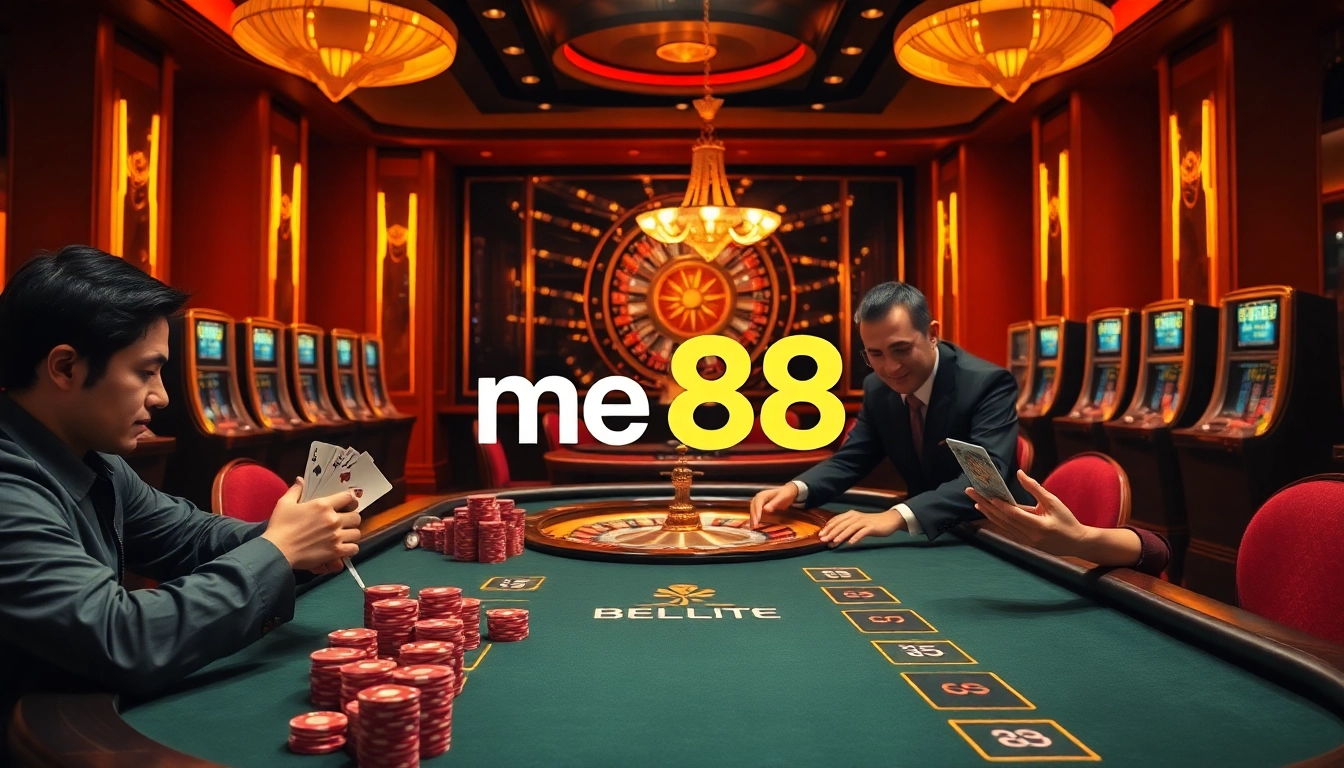 Engaging players at a luxurious me 88 poker table, showcasing high-stakes gameplay in a vibrant casino environment.