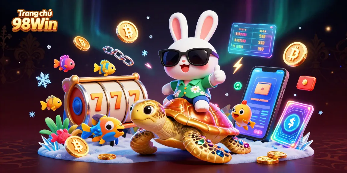 Join the excitement at Trang chủ 98Win, showcasing a vibrant 3D casino scene with lucky symbols and gaming tokens.