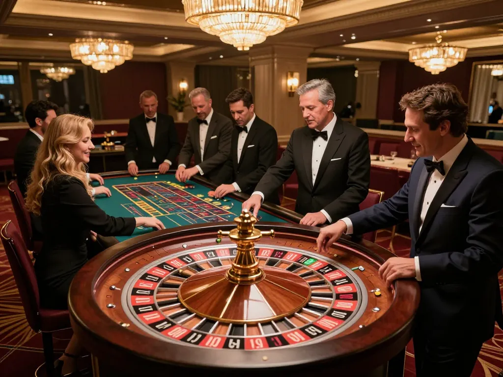 Players enjoy a thrilling roulette game at FLY88 casino, showcasing high-stakes excitement and luxury