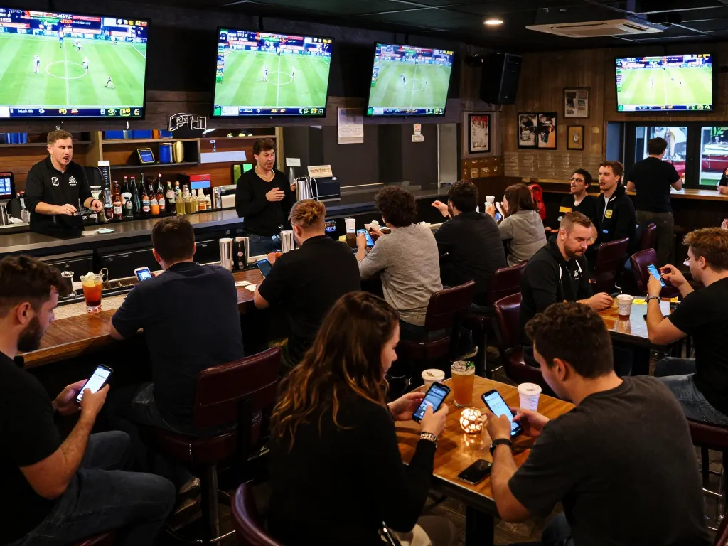 123WIN sports fans placing bets at a lively sports bar with multiple screens.