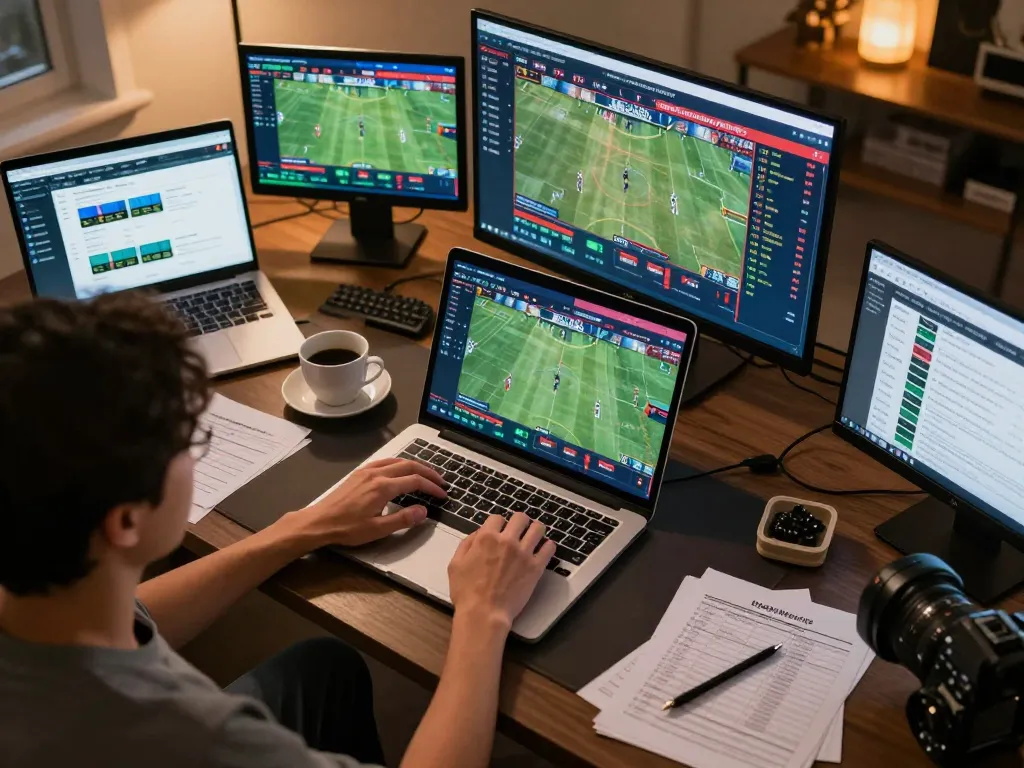 Engaged user analyzing odds for Bom88 sports betting at a modern home desk.