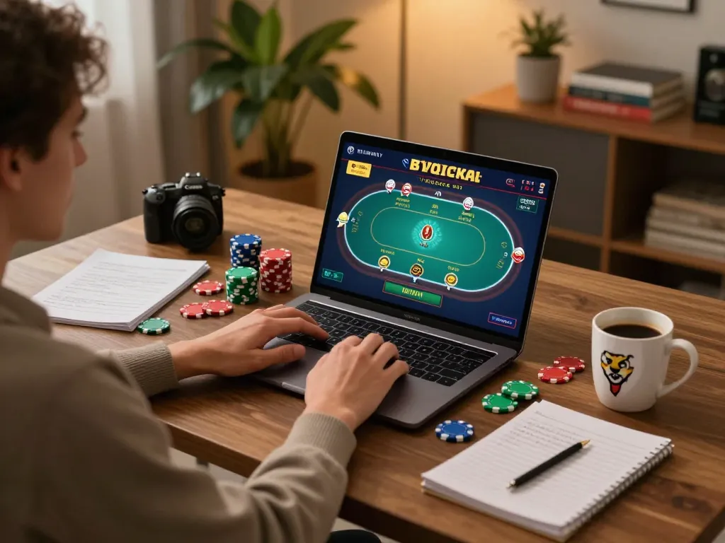 Engaged player on Trang chủ 888new online casino, using laptop to play poker with strategy notes nearby.