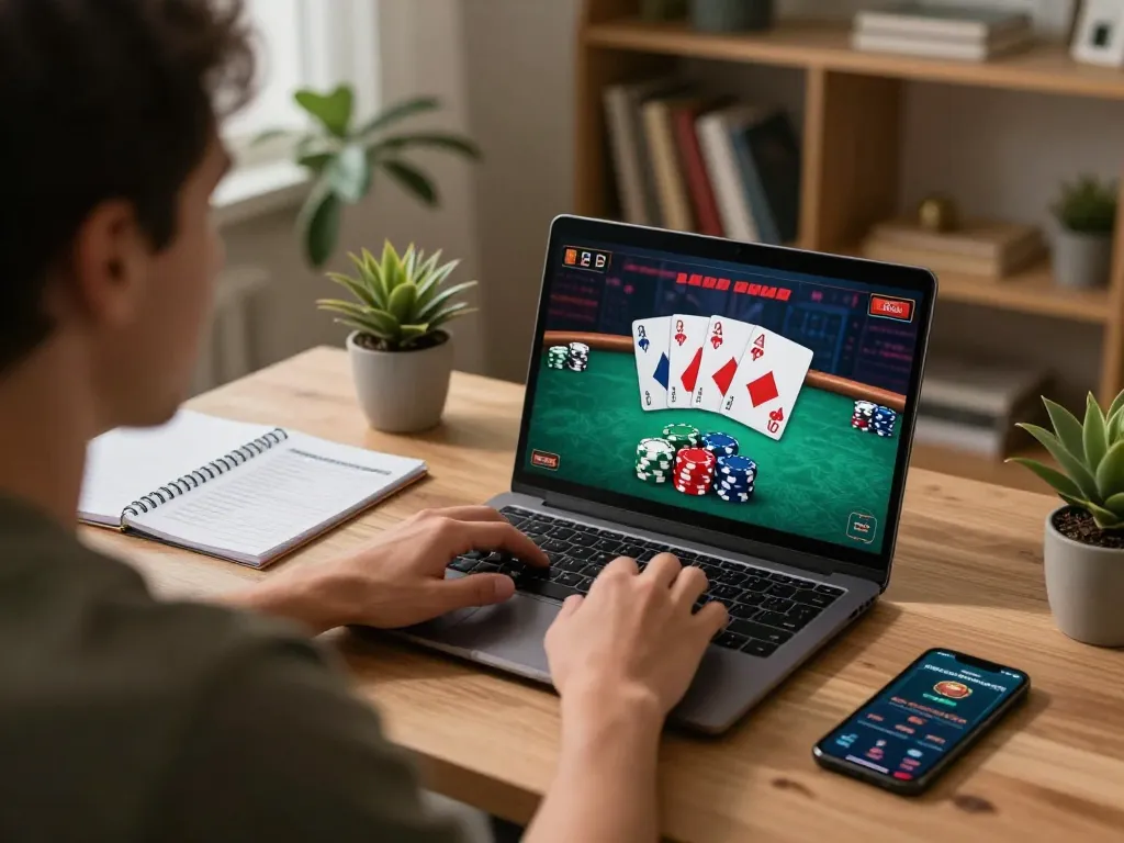 Player engaging in online poker at jtg88.com, showcasing strategy notes and betting app.
