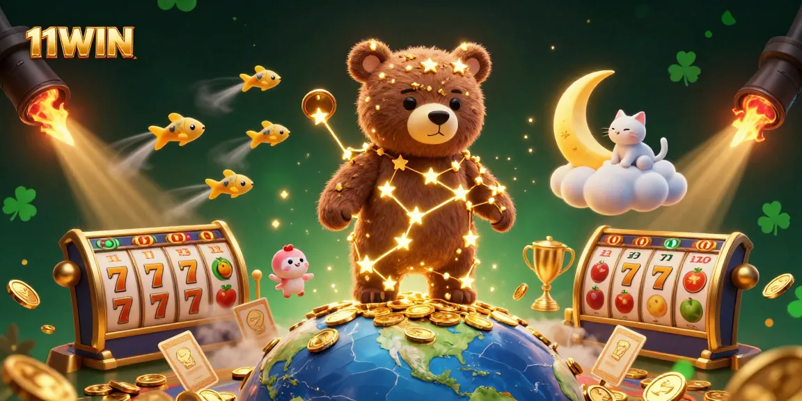 Experience engaging gameplay with 11WIN's vibrant illustrated scene featuring casino elements and animated characters.