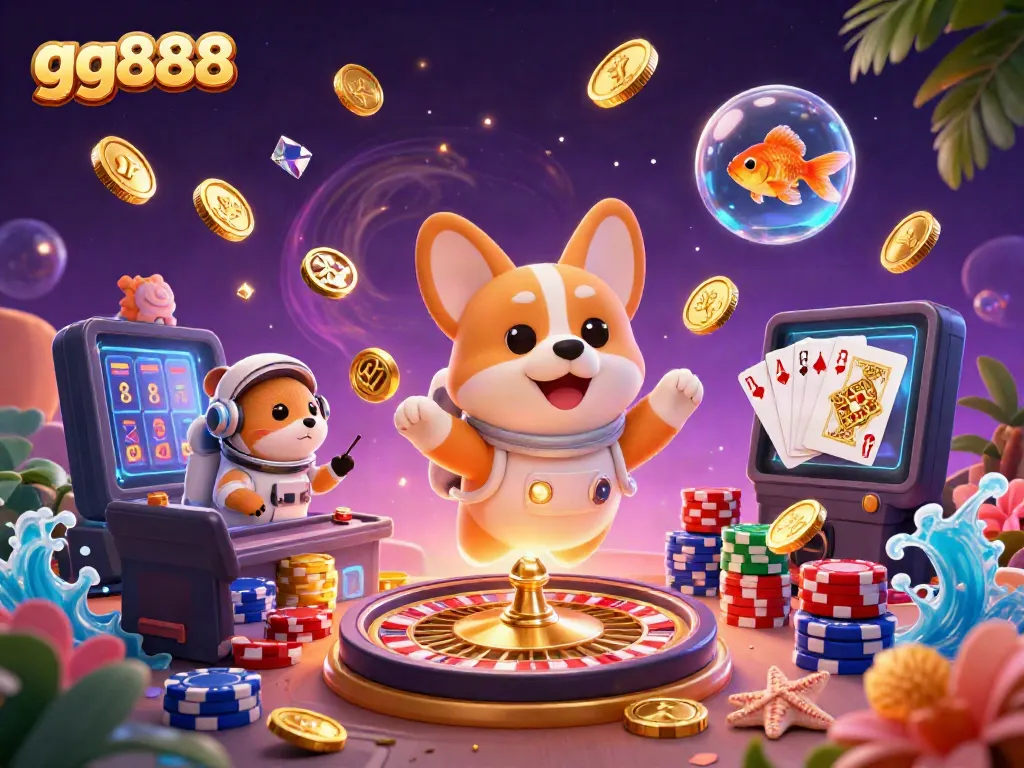 Experience thrilling gameplay with gg888 in a vibrant 3D casino scene featuring a floating corgi and a hamster directing the action.