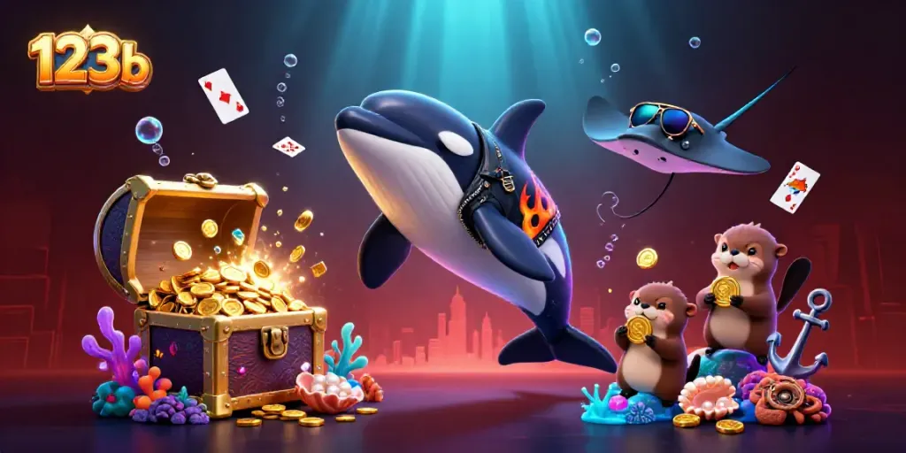 Engage in immersive gameplay with the vibrant 123b 3D illustration showcasing sea characters and casino-themed elements.