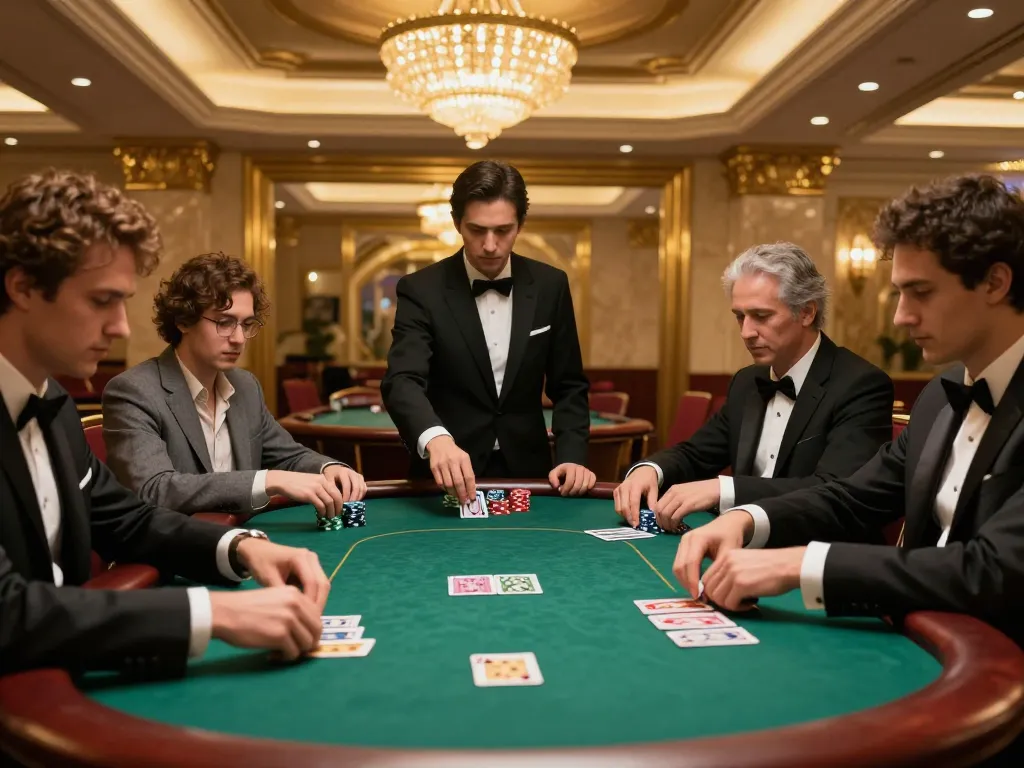 Lode88vi players engaged in a high-stakes poker game at a luxurious casino table.