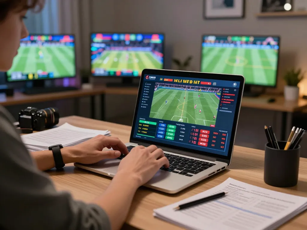 cm88 player analyzing sports stats on laptop for strategic bets in modern home office