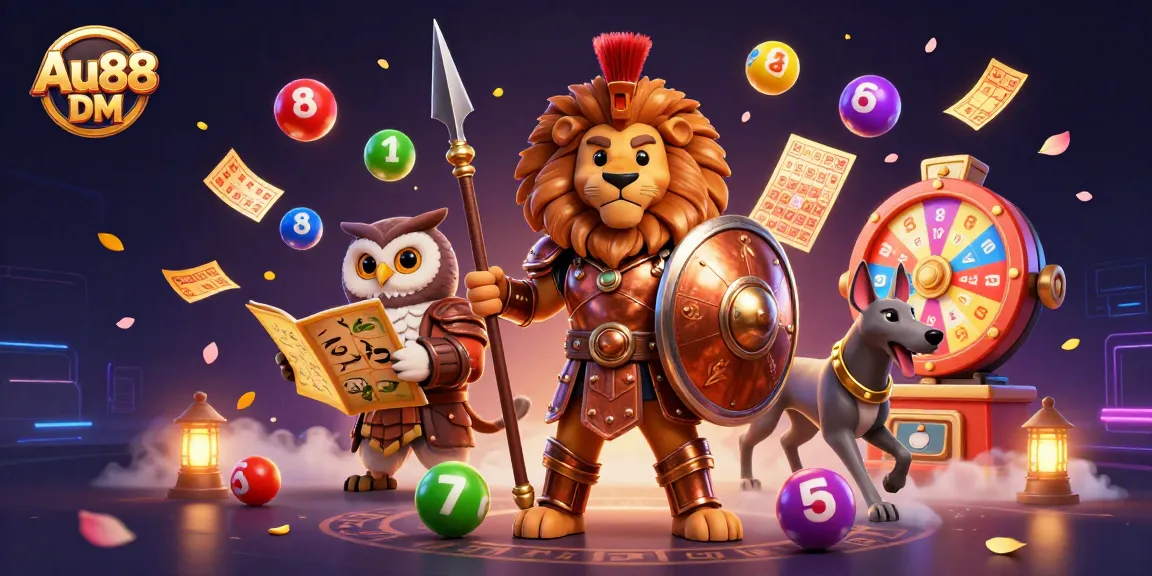 Engage with Au88 DM casino action featuring a heroic lion, owl strategist, and dynamic lottery elements.