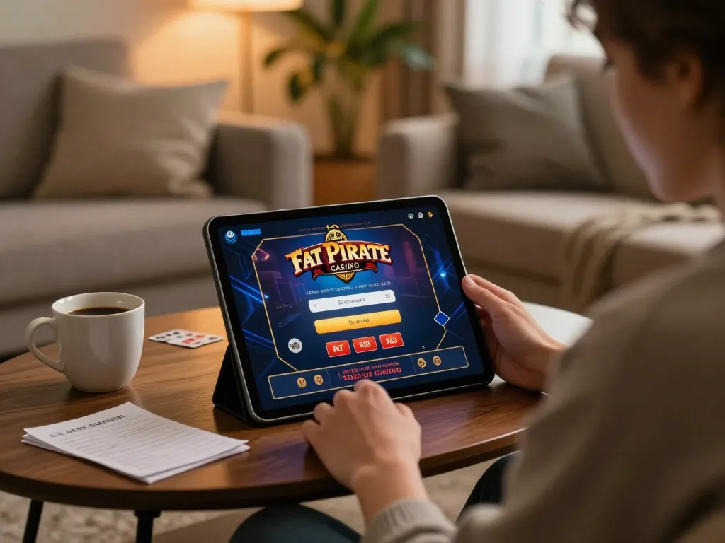 Deelnemen aan Fat Pirate Casino Inloggen op een tablet in een gezellige huiselijke omgeving terwijl je verantwoord gokken beoefent