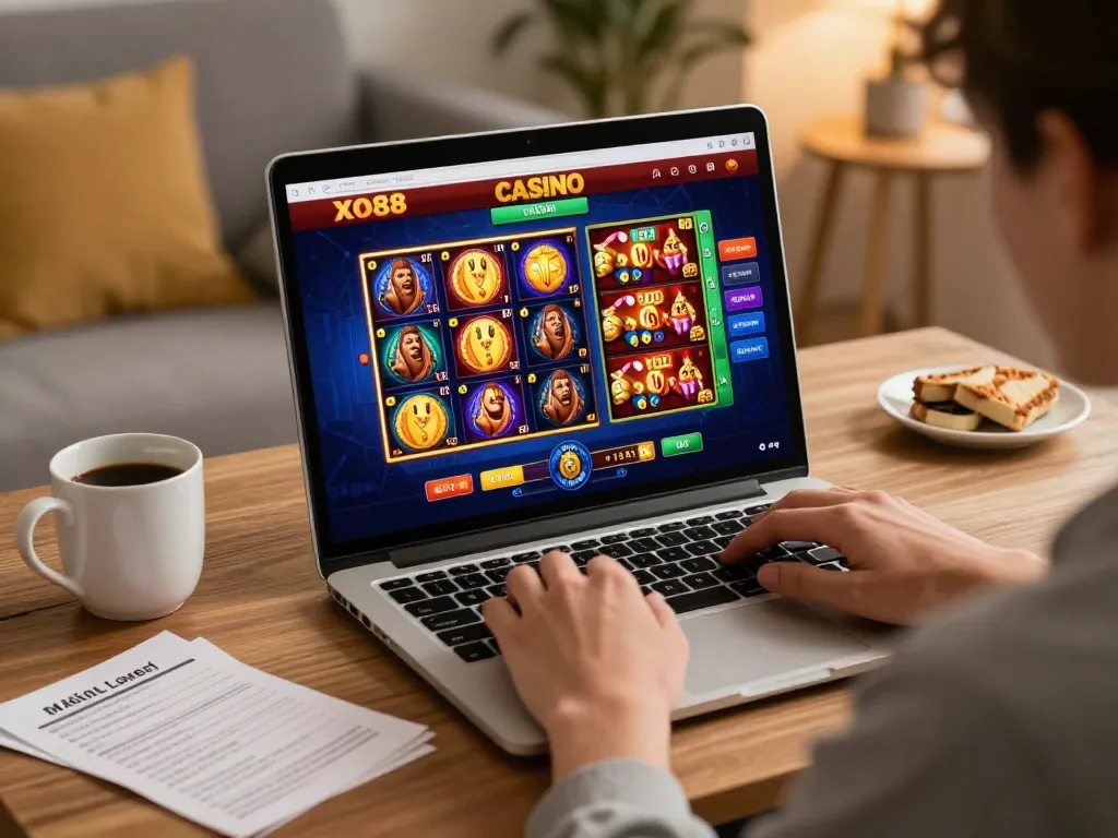 Engaged player enjoying the XO88 CASINO online gaming experience from home, blending comfort with excitement.