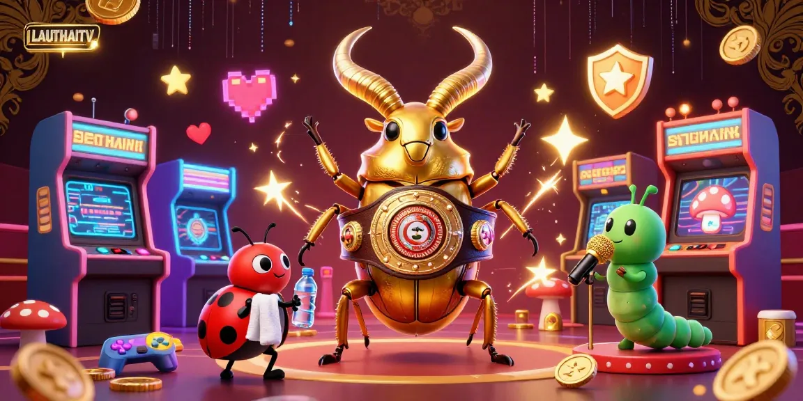 Engage with LAUTHAITV's vibrant casino scene showcasing a giant beetle champion amidst gaming elements.