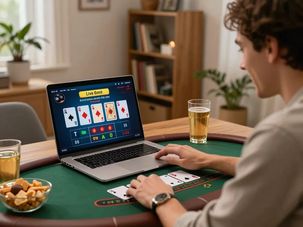 Engaging with Ga368 online blackjack, showcasing excitement and strategy in home gaming setup.