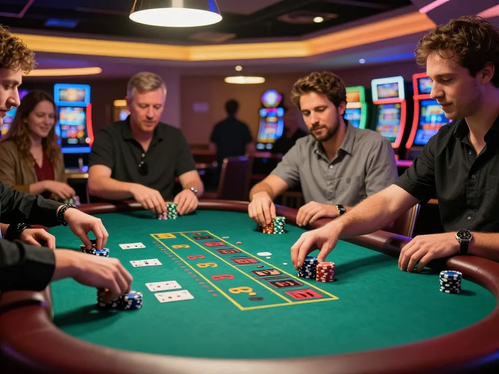 Players engaging in a high-stakes blackjack game at the VK88 casino with vibrant chips and lively atmosphere.