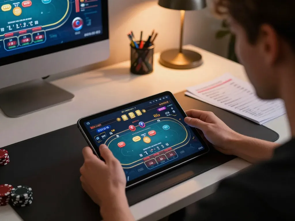 Engaging in Khuyến mãi lucky88 through online casino gaming on tablet with focused strategy notes