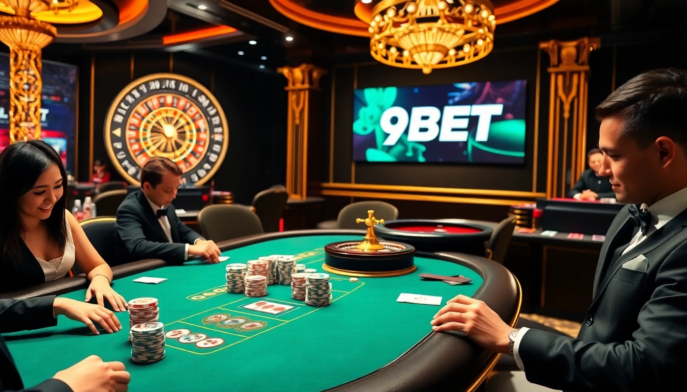 Players enjoying high-stakes poker at a luxurious casino with 9BET branding prominently displayed.