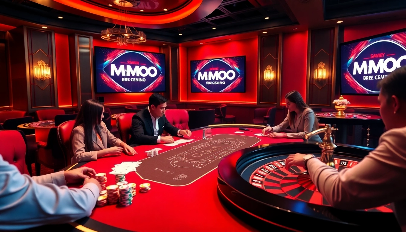 Players enjoying an intense poker game at an MMOO casino table with vibrant ambiance.