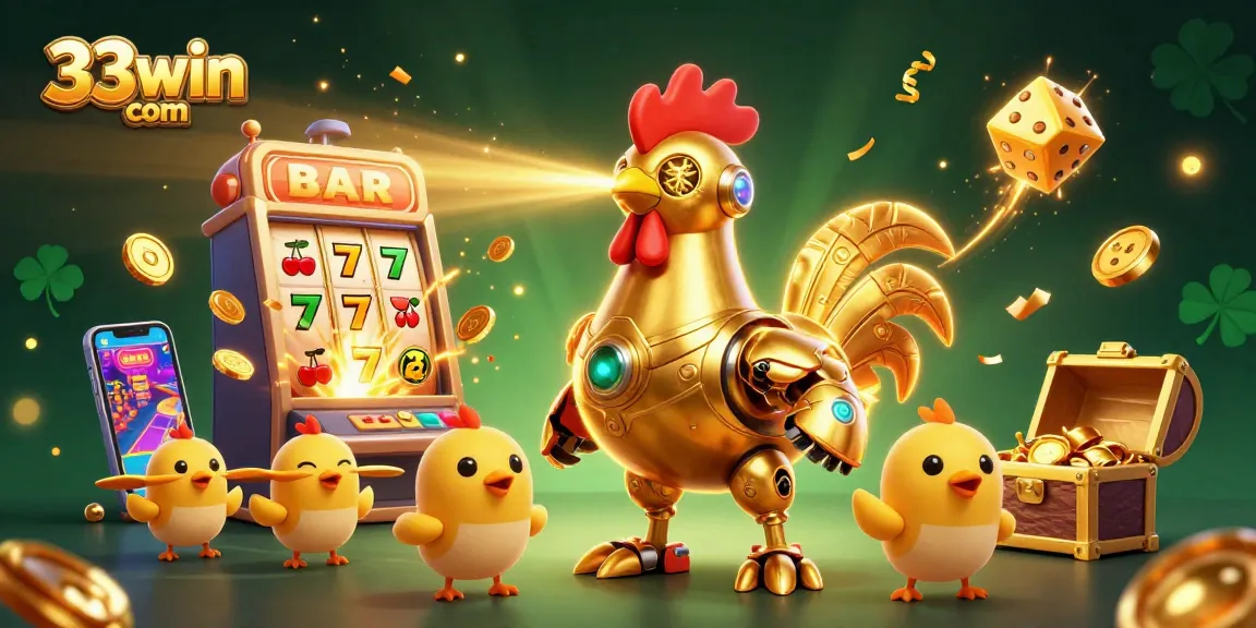 Experience thrilling gameplay at 33win com with a dynamic 3D scene of a golden rooster robot and vibrant casino elements.