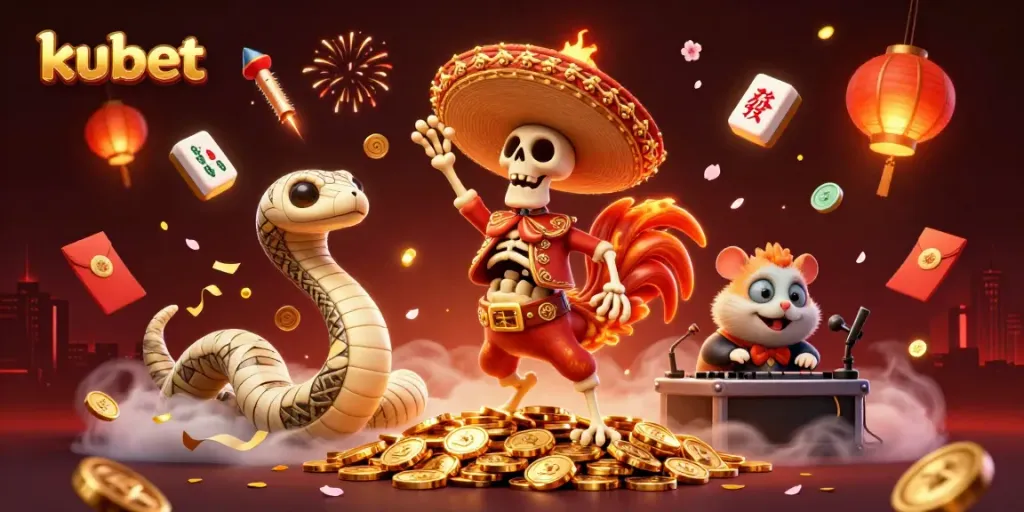 Kubet showcases an exciting victory dance with casino-themed characters and golden rewards.