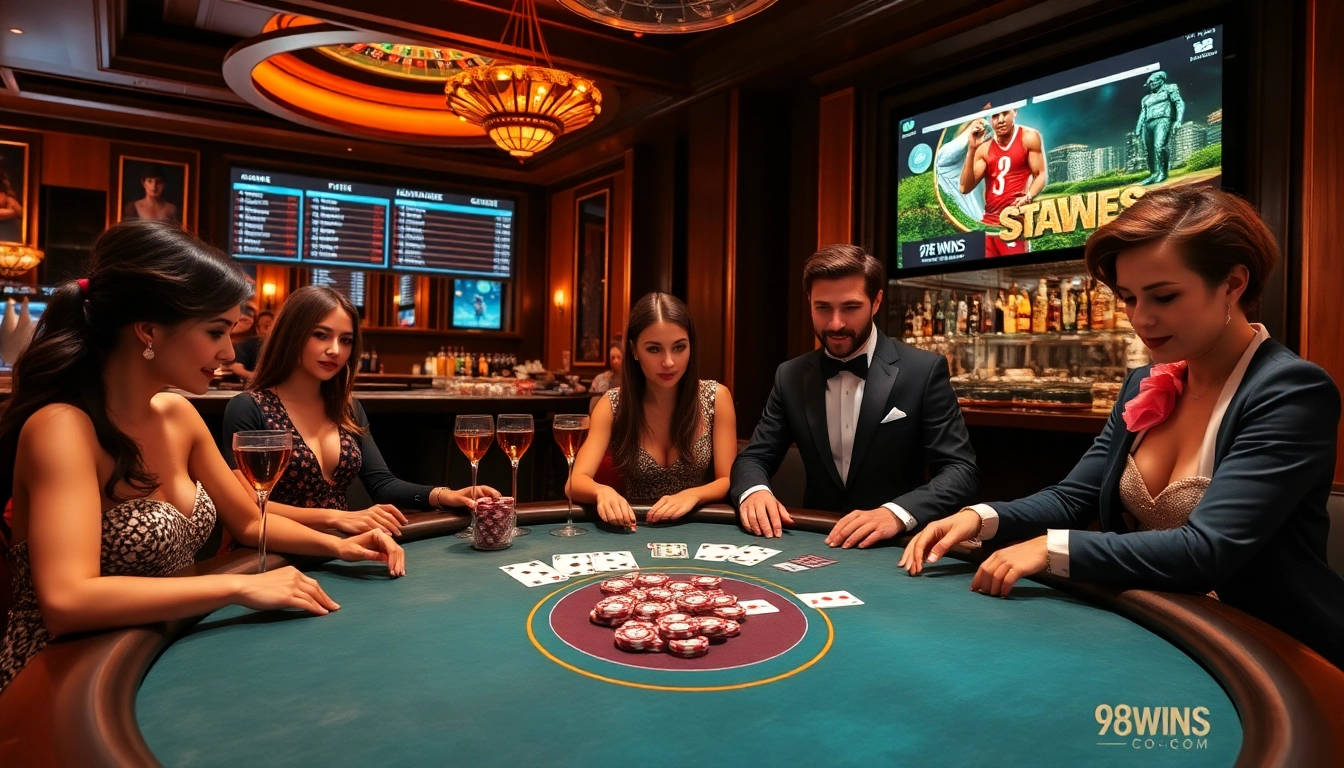 Exciting poker game at 98WINS CO COM with vibrant poker chips, cards, and a roulette wheel.