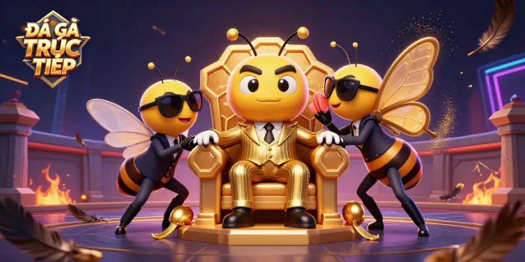 Experience ĐÁ GÀ TRỰC TIẾP with a vibrant scene featuring a cartoon mob boss, exciting fire effects, and feathered decor.