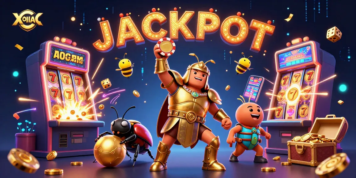Experience the thrill of XOILAC with a victorious beetle lifting a poker chip amidst vibrant casino excitement.