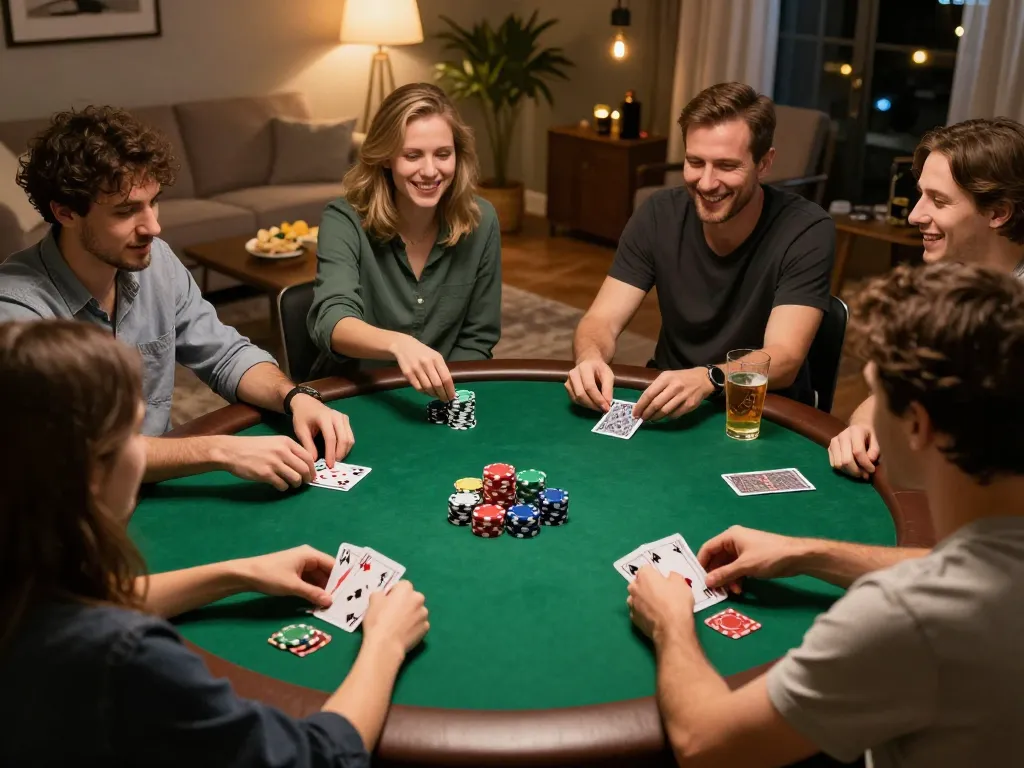 3win poker night scene with friends competing and enjoying a cozy atmosphere.