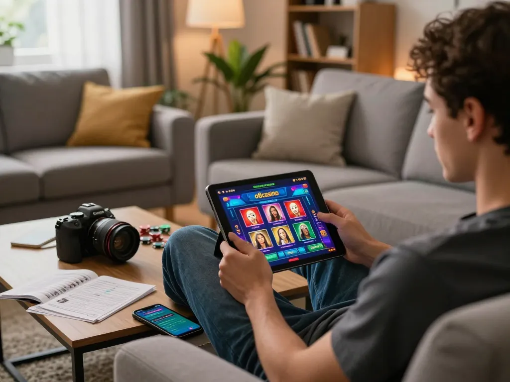 Player enjoying the o8casino app on a tablet in cozy home setting, showcasing casino gameplay.