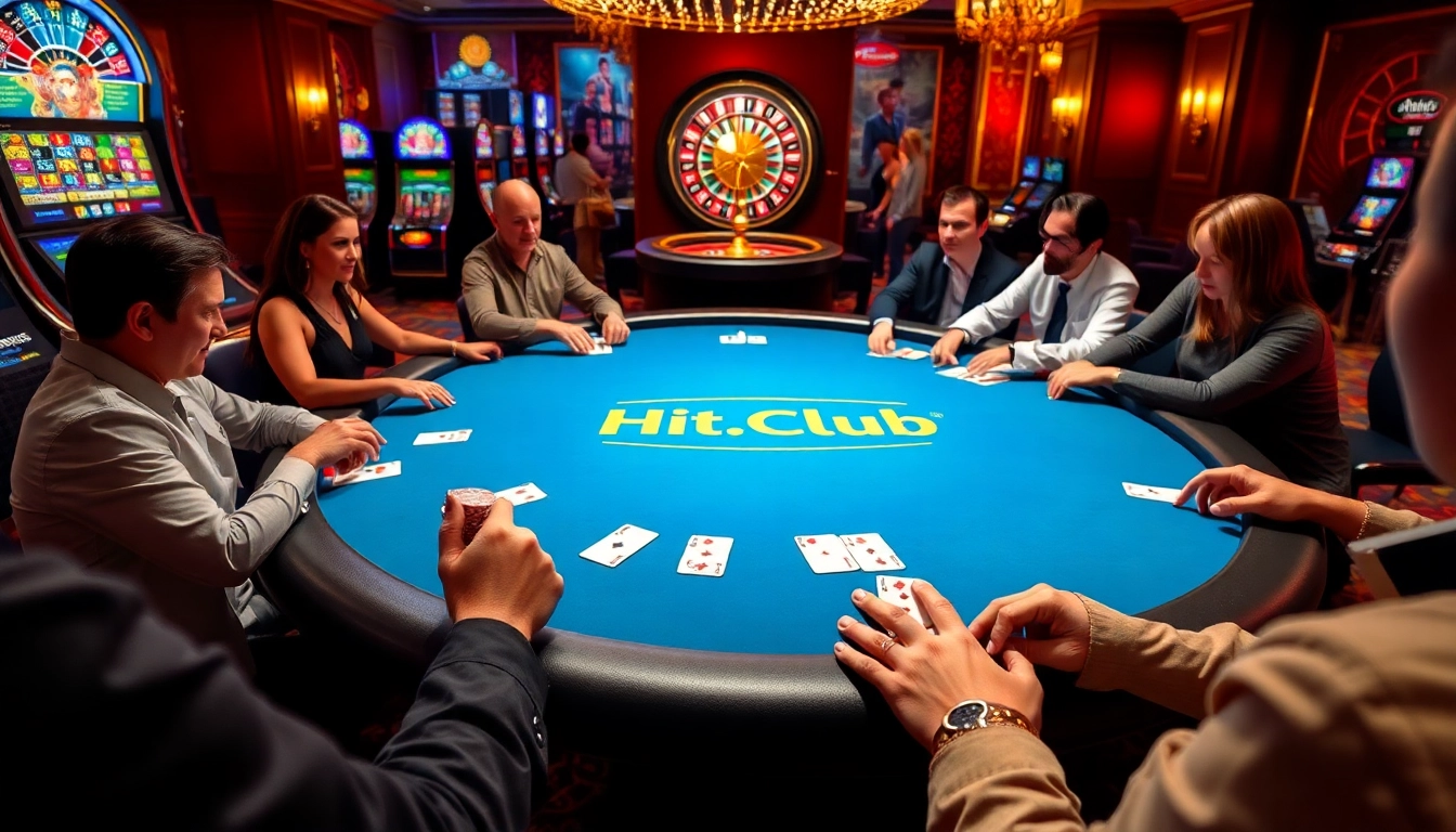 Hit.Club players enjoying a thrilling card game while surrounded by vibrant casino elements.