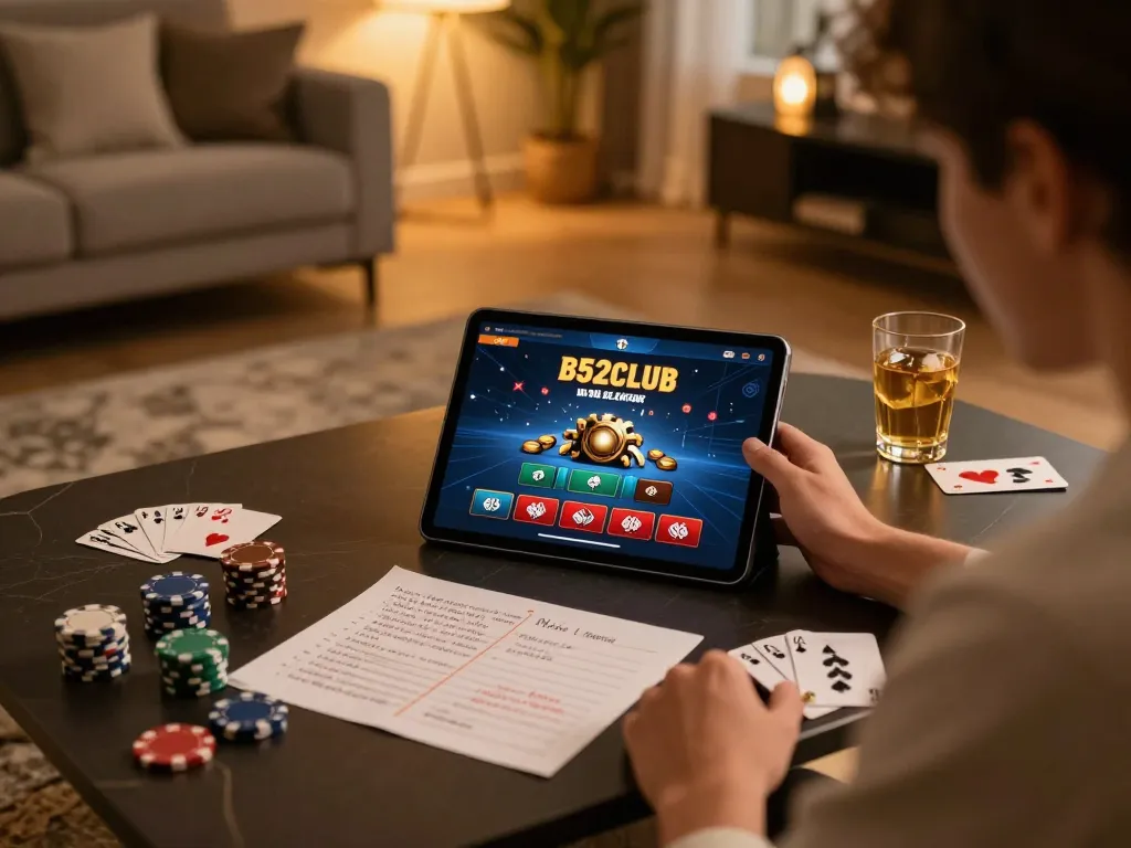 B52CLUB player engaging in strategic gameplay on a modern tablet in a cozy home setup.