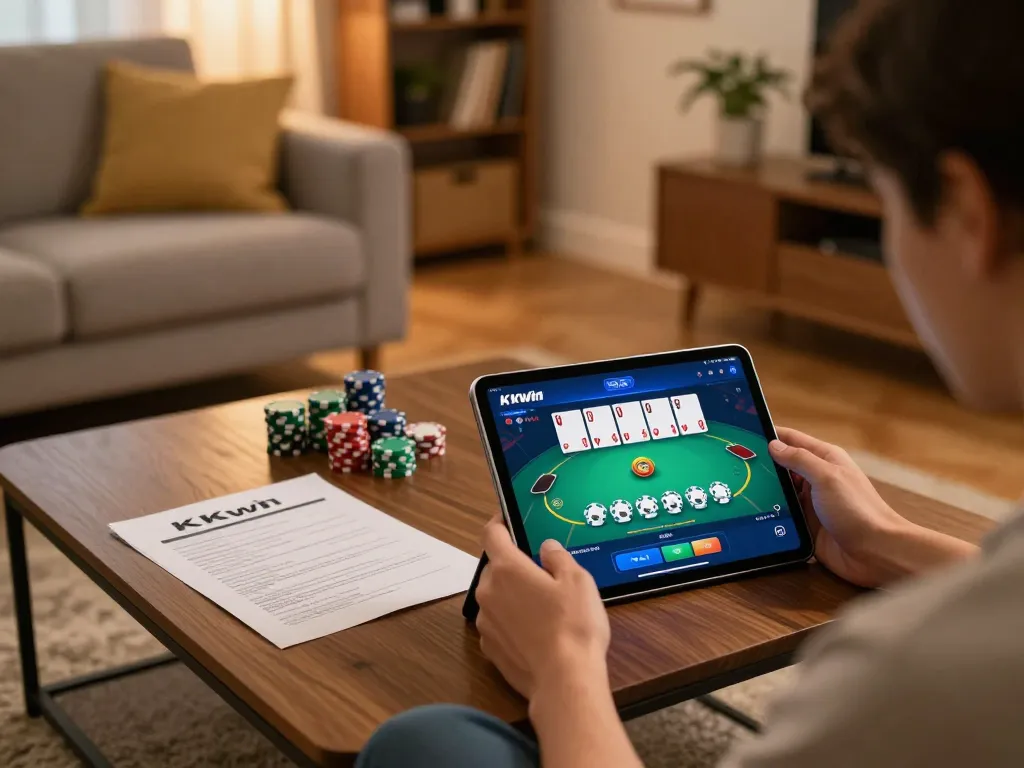 Kkwin player enjoying online poker from home using tablet interface, surrounded by strategy notes.