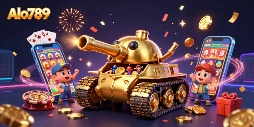 Alo789 reveals a mini casino inside a golden beetle tank, filled with festive gaming elements.