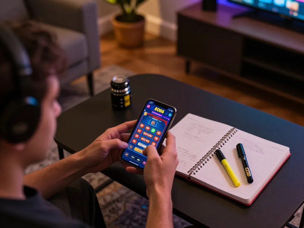 Player engaging with KO66 casino app on smartphone in a cozy home gaming setup, highlighting strategic gameplay.