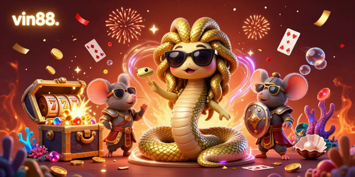 Join the excitement at vin88. with Medusa and friends in a packed casino scene bursting with games and color.