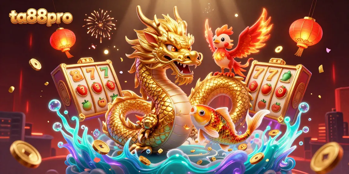 Experience the thrill of ta88pro with a golden dragon and phoenix amidst jackpot symbols and vibrant casino elements.