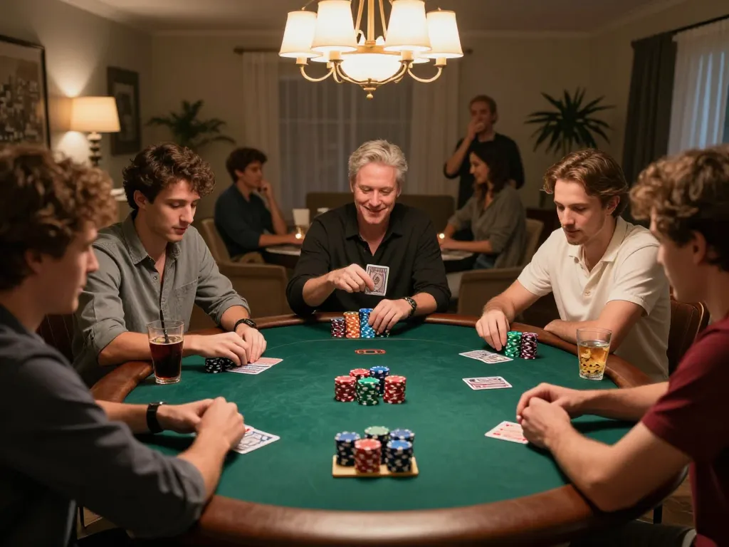 Friends enjoying a competitive poker night at home, displaying co88i social interaction and strategic betting.