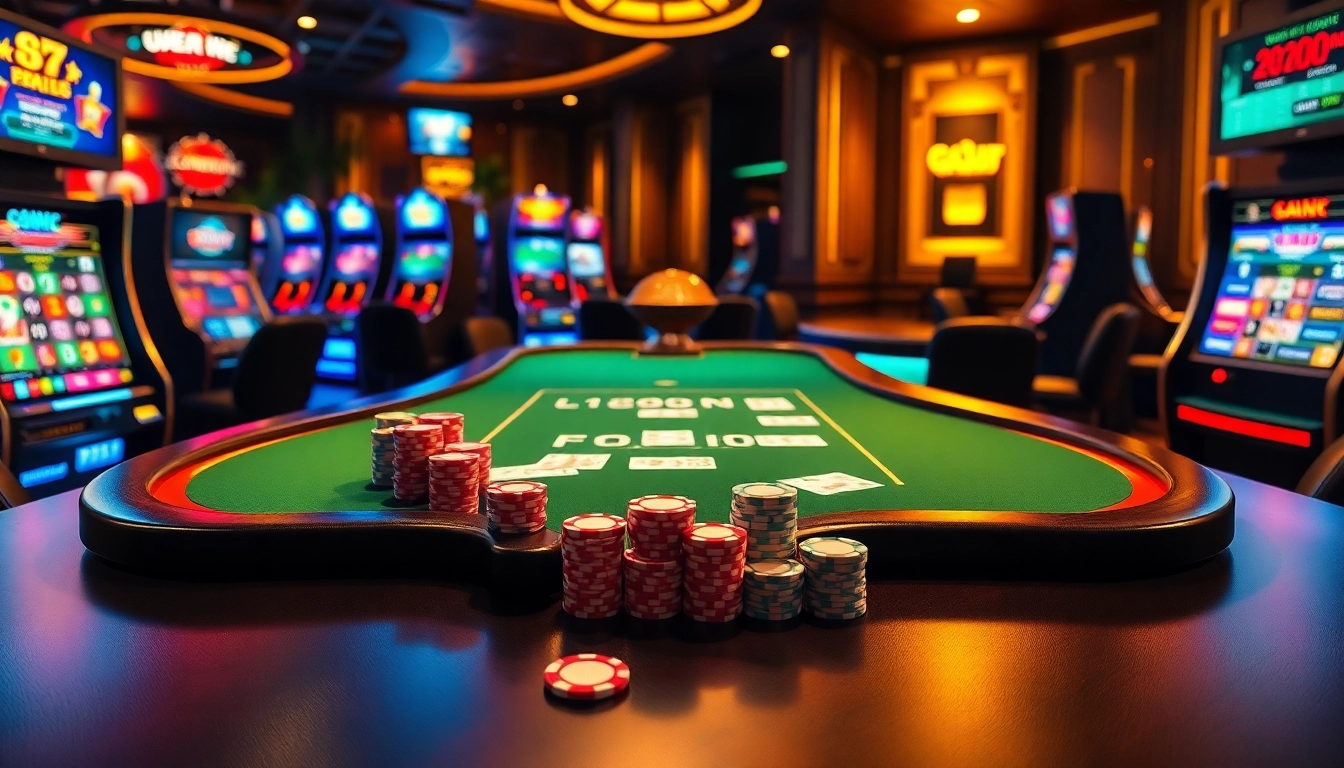 C168-themed casino scene showcasing poker, roulette, and vibrant slot machines for gamblers.