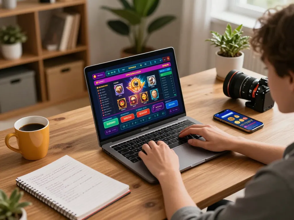 Player enjoying engaging online casino gameplay on laptop while managing strategies, highlighting 13 WIN gaming experience.