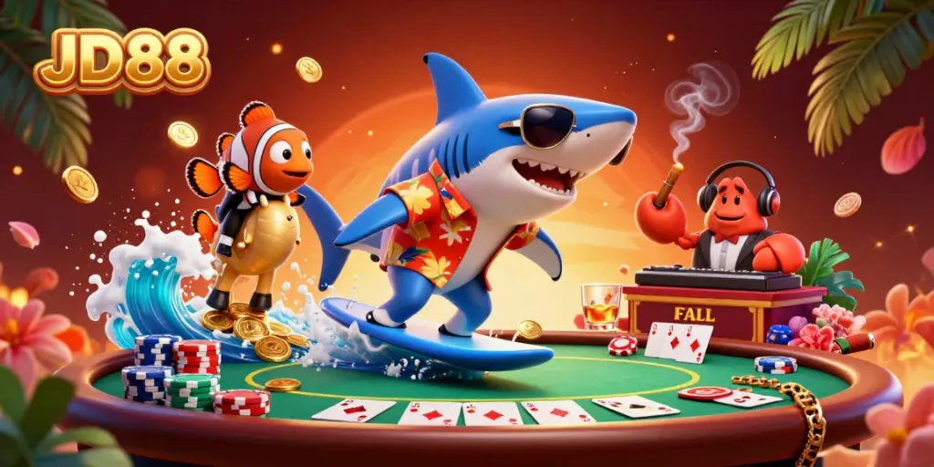 Engage with the lively JD88 scene featuring a shark surfing gold coins and vibrant casino elements.