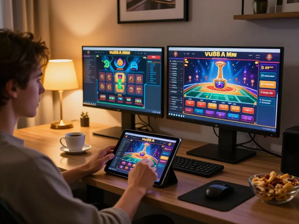 Person playing vu88a casino games on tablet in a modern home office, highlighting responsible gaming.
